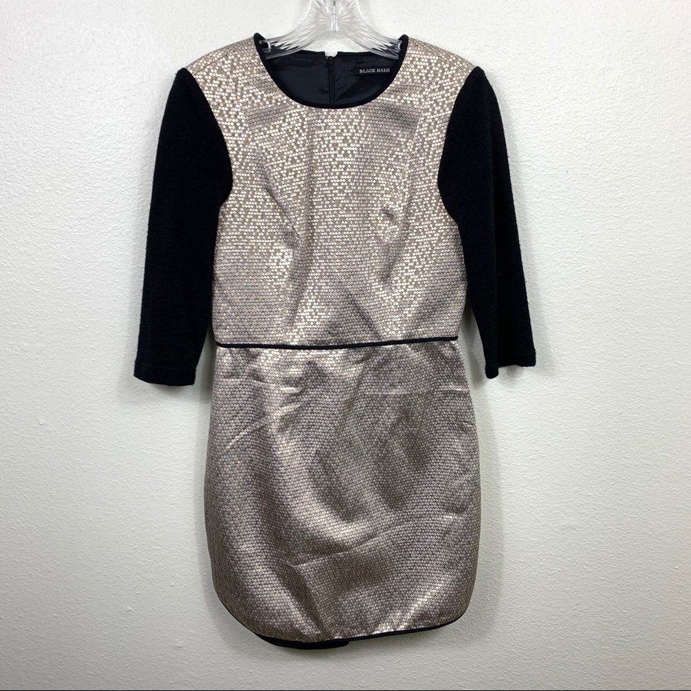 Black Halo Metallic Gold and Black Mini Dress